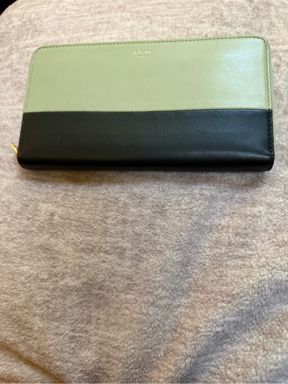 Celine Two-Tone Green Colorblock Lambskin Leather Zip-Around Wallet COA